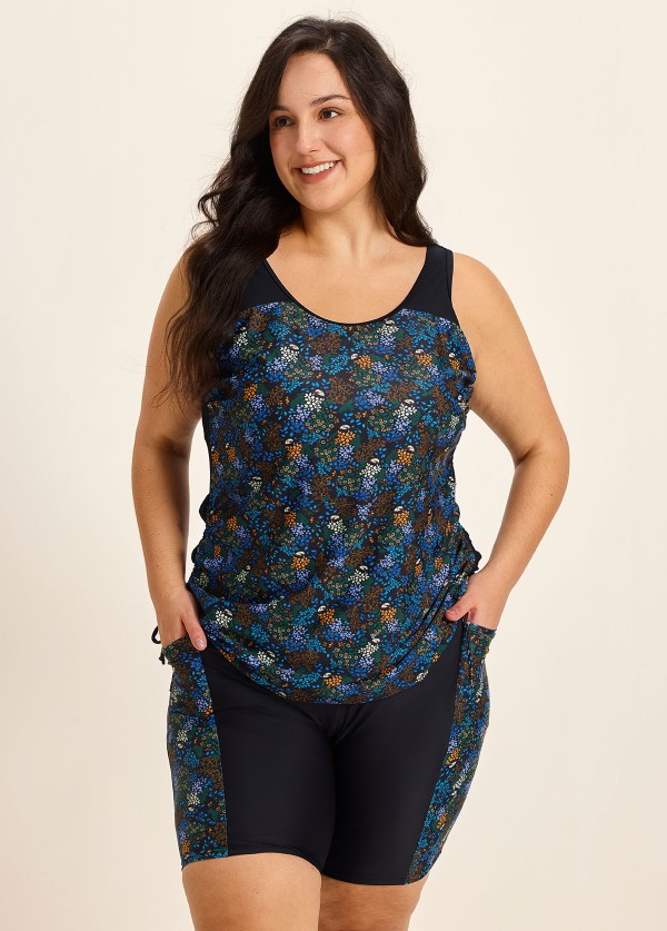 Black Floral Scoop Neck Sporty Built In Bra Drawstring Curvy Women's Swimsuit Tankini Set