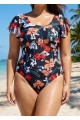 Plus Size Fashionable Floral Print Ruffle Sleeve One Piece Swimsuit