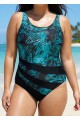 Plus Size Green Leaf Print Color Block Swimsuit One Piece Swimsuit