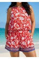 Curvy Red Floral Keyhole Neck Flattering Pocket Women's Swimsuit One Piece Swim Romper