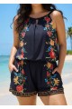 Plus Size Black Tropical Floral Keyhole Neck Modest Pocket Swimsuit One Piece Swim Romper
