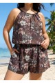 Plus Size Brown Floral High Neck Flattering Pocket Women's Swimsuit One Piece Swim Romper