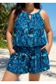 Curvy Blue Leaf Keyhole Neck Modest Pocket Women's Swimsuit One Piece Swim Romper