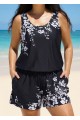 Black Floral Built In Bra Wide Straps Pocket Curvy Women's Swimsuit One Piece Swim Romper