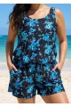 Plus Size Blue Floral Vintage Wide Straps Pocket Women's Swimsuit One Piece Swim Romper