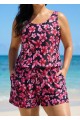 Plus Size Pink Floral Modest Wide Straps Pocket Women's Swimsuit One Piece Swim Romper