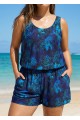 Curvy Navy Floral Vintage Wide Straps Pocket Women's Swimsuit One Piece Swim Romper