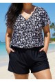 Plus Size Black Floral Upf50+ Short Sleeves Modest Pocket Swimsuit One Piece Swim Romper
