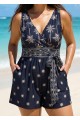 Curvy Black Palm Tree Print Flattering Wrap Pocket Curvy Swimsuit One Piece Swim Romper