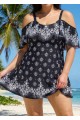 Plus Size Baroque Pattern Print Off The Shoulder Modest Women's Swimsuit One Piece Swimdress