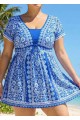 Curvy Blue And White Floral Short Sleeves Modest Padded Women's Swimsuit Swimdress Top