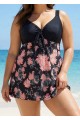 Charming Plus Size Pink Floral Print Knot Front One Piece Swimdress