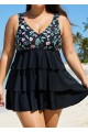 Plus Size Floral Print V Neck Layered Swimdress Top