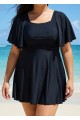Black Ruffle Sleeves Square Neck Modest Plus Size Swimdress Swimsuit Top