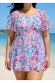 Curvy Pink Floral Square Neck Mesh Short Sleeves Vintage Ruffle Swimsuit Swimdress Set