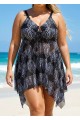 Mesh Print Tie-Front Drawstring Asymmetrical Hem Graceful Swimdress Set