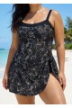 Plus Size Black Floral Flattering Side Knot Side Slit Women's Swimsuit One Piece Swimdress