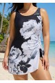 Curvy Black And White Floral Square Neck Modest Drawstring Swimsuit One Piece Swimdress