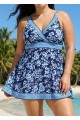 Plus Size Navy Floral V Neck Sleeveless Modest Women's Swimsuit Swimdress Set
