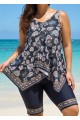 Black Vintage Floral Print Modest Asymmetrical Hem Curvy Swimsuit Two Piece Long Tankini Set