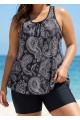 Black Paisley Loose Fit Plus Size Women Tankini Top
