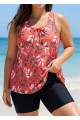 Red Tropical Leaf Print Loose Fit Plus Size Women Tankini Top