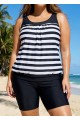 Plus Size Black And White Striped Print Sports Tankini Top