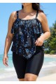 Black Floral Print Modest Layered Ruffles Plus Size Women's Swimsuit Tankini Top