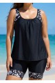 Plus Size Black Floral Print Round Neck Modest Tankini Set