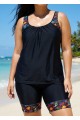 Black Plants Print Round Neck Plus Size Modest Tankini Set