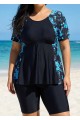 Plus Size Blue Floral Upf50+ Short Sleeves Modest Women's Swimsuit Shirt Tankini Top