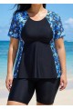 Curvy Blue Tropical Plants Upf50+ Short Sleeves Vintage Women's Swimsuit Shirt Tankini Top