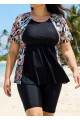Black Plants Scoop Neck Upf50+ Short Sleeves Padded Plus Size Women's Swimsuit Shirt Tankini Top