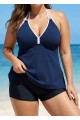 Navy And White V Neck Halter Plus Size Tankini Top