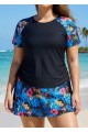 Black Floral Print Side Drawstring Plus Size Tankini Top