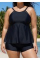 Black Scoop Neck Cutout Edge Plus Size Modest Tankini Swimsuit Top