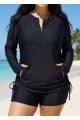Long Sleeve Zip Front Side Pockets Drawstring Rash Guard Women Tankini Top