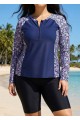 Purple Floral Print High Neck Upf50+ Long Sleeves Zipper Curvy Women's Swimsuit Shirt Tankini Top
