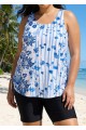 Curvy White Blue Floral Stripe Scoop Neck Vintage Drawstring Women's Swimsuit Tankini Top