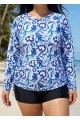 Curvy Blue And White Floral Upf50+ Long Sleeves Side Drawstring Swimsuit Shirt Tankini Top