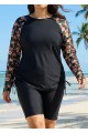 Black Floral Print Upf50+ Long Sleeves Modest Drawstring Plus Size Women's Swimsuit Tankini Top