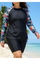 Plus Size Black Floral Upf50+ Long Sleeves Modest Women's Swimsuit Tankini Top