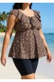 Brown Striped Floral Print Scoop Neck Modest Built In Bra Ruffle Curvy Women's Swimsuit Tankini Top