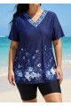 Plus Size Navy Floral V Neck Upf50+ Short Sleeves Modest Padded Swimsuit Long Tankini Top