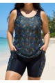 Black Floral Scoop Neck Sporty Built In Bra Drawstring Curvy Women's Swimsuit Tankini Set