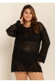 Curvy Black Hollow Crochet Knit Long Sleeves Beach Cover Ups Top