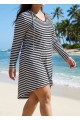 White Striped Hoodie Curvy Beachwear Cover Ups Dress