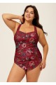 Red Floral Sweetheart Neck Sarong Front Modest Plus Size One Piece Swimsuit