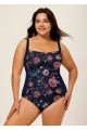 Elegant Navy Vintage Print Twist Front Modest Plus Size One Piece Swimsuit