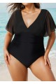 Black V Neck Mesh Flutter Sleeves One Piece Swimsuit
